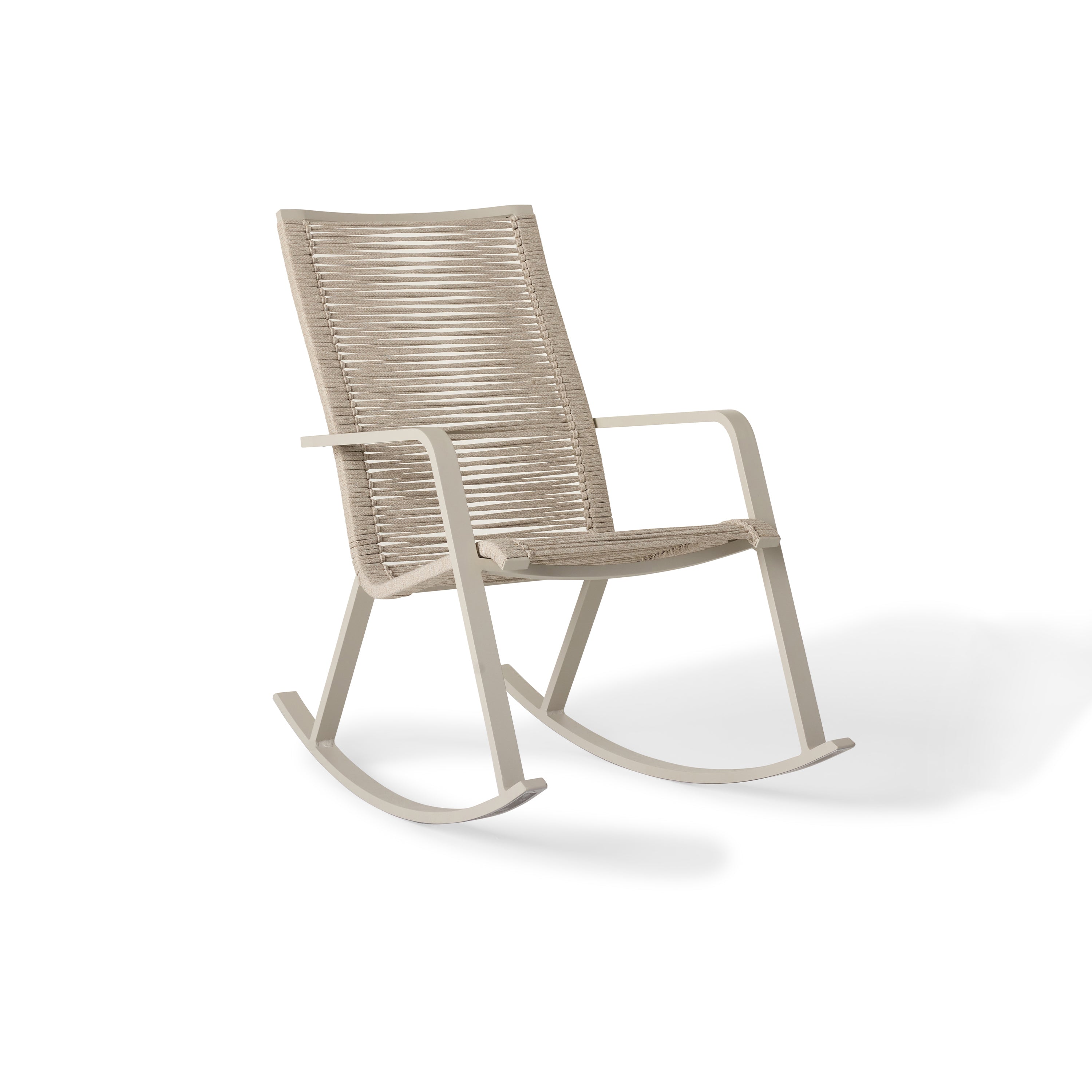 The Diablo Rocking Chair in Dune by Terra Outdoor Living features squared off clean lines and rope wrapping for the seat and back. It has arms for support, and subtly scooped seat and back for ergonomics - all atop smoothly curved rocker legs