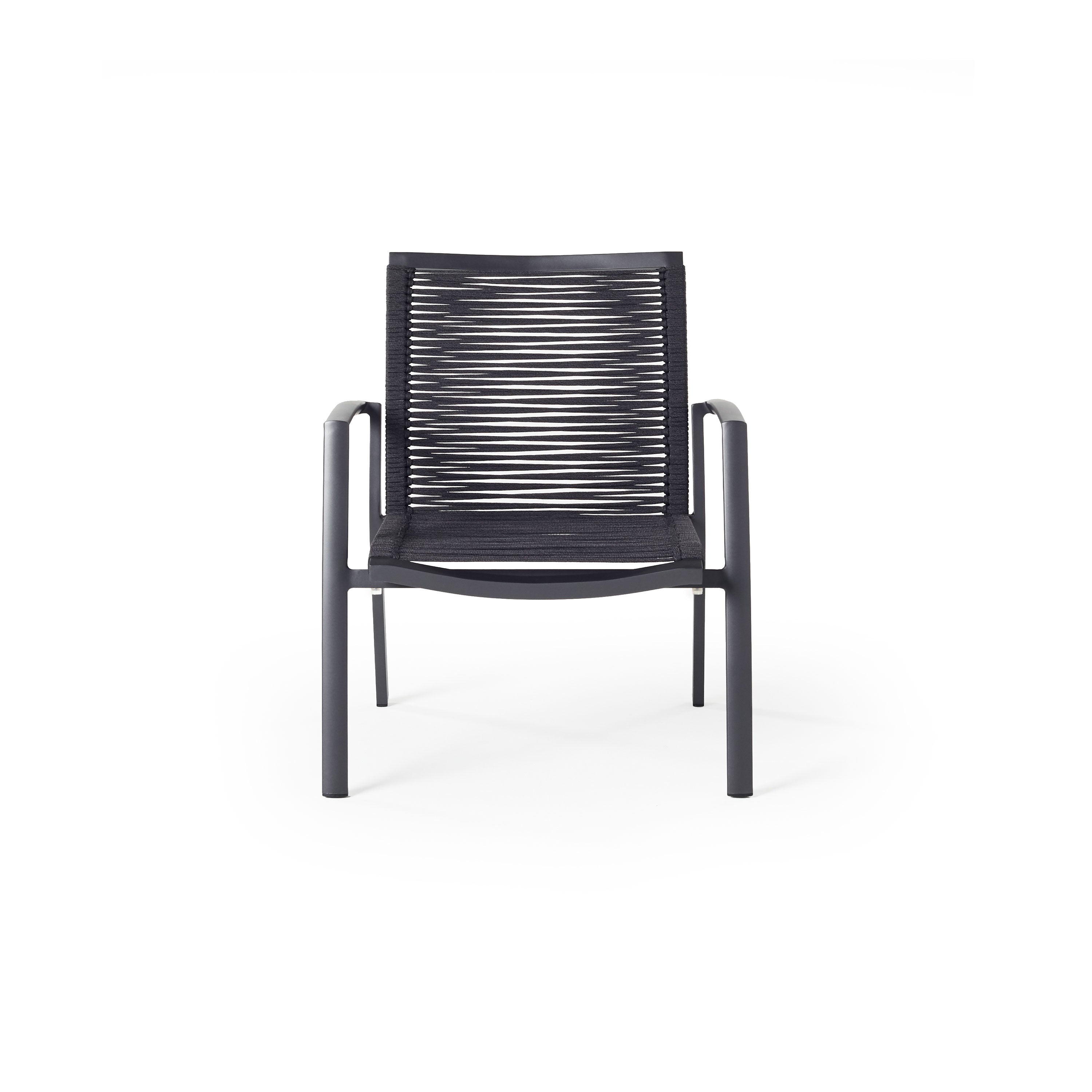 The Diablo Lounge Chair in Charcoal by Terra Outdoor Living features squared off clean lines and rope wrapping for the seat and back. It has arms for support, and subtly scooped seat and back for ergonomics.