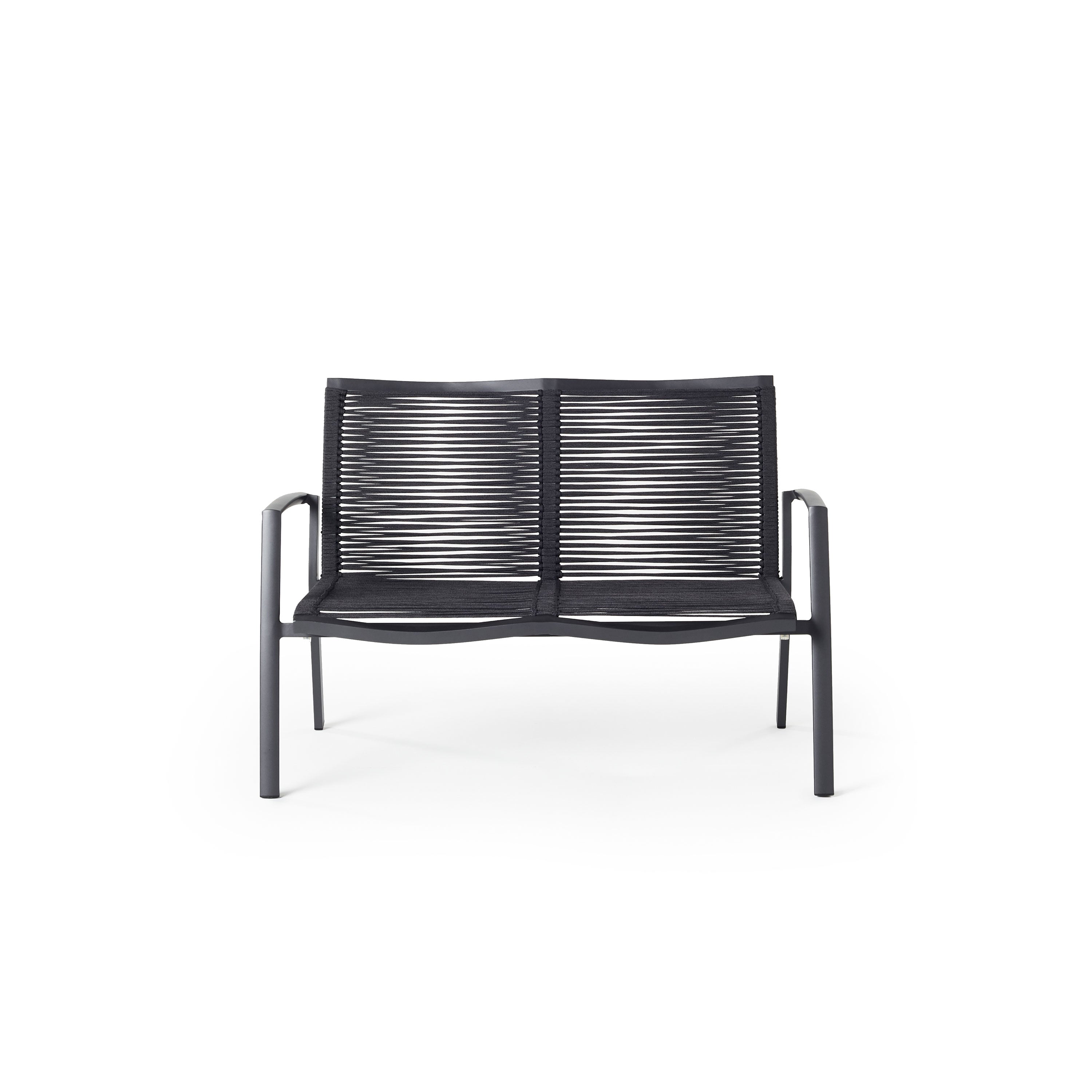 The Diablo Loveseat in Charcoal by Terra Outdoor Living features squared off clean lines and rope wrapping for the seat and back. It has arms for support, and subtly scooped seat and back for ergonomics with room for two.