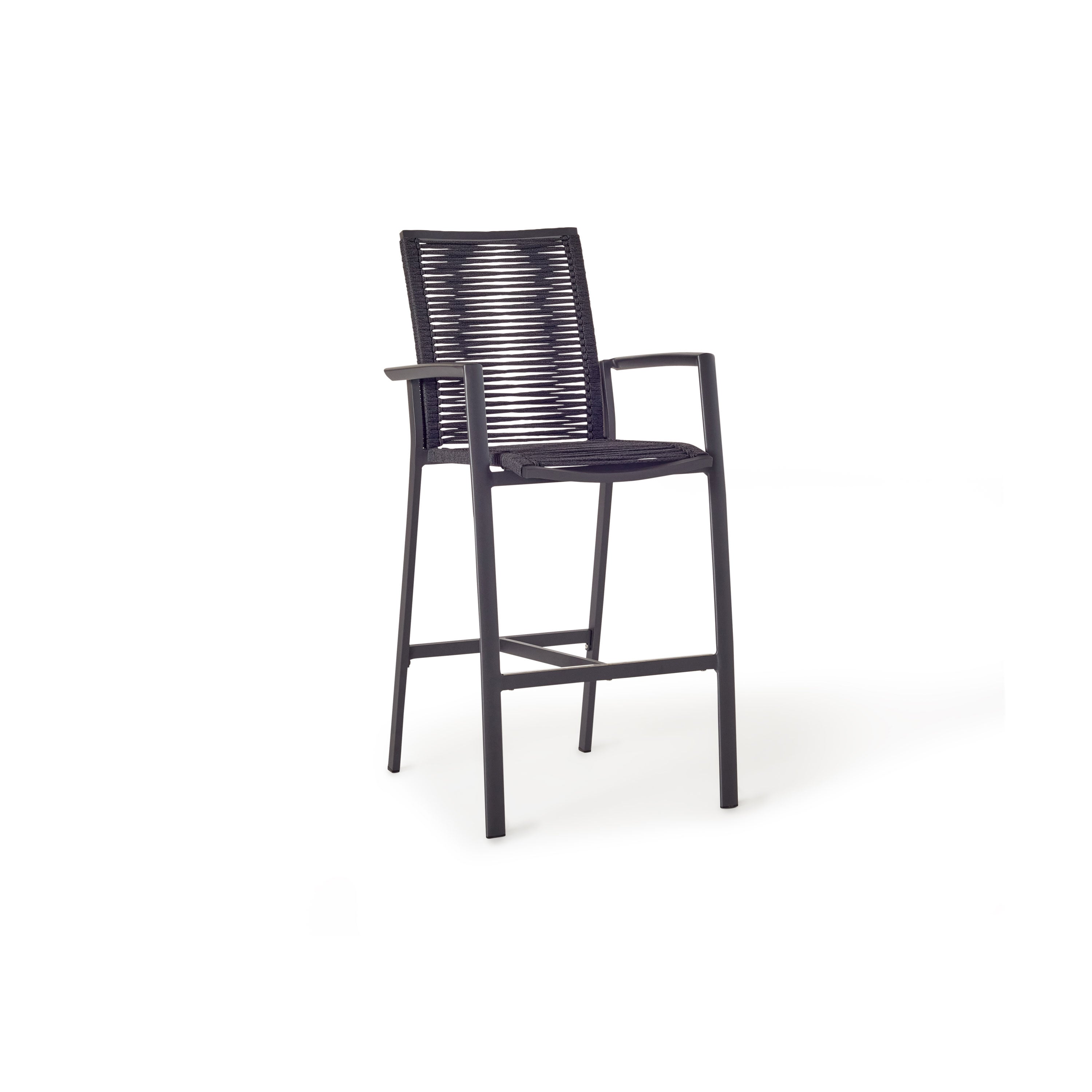 The Diablo Bar Chair in Charcoal by Terra Outdoor Living features squared off clean lines and rope wrapping for the seat and back. It has straight arms, a foot rest, and a cross bar for structural strength. Seat and back are subtly scooped for ergonomics.