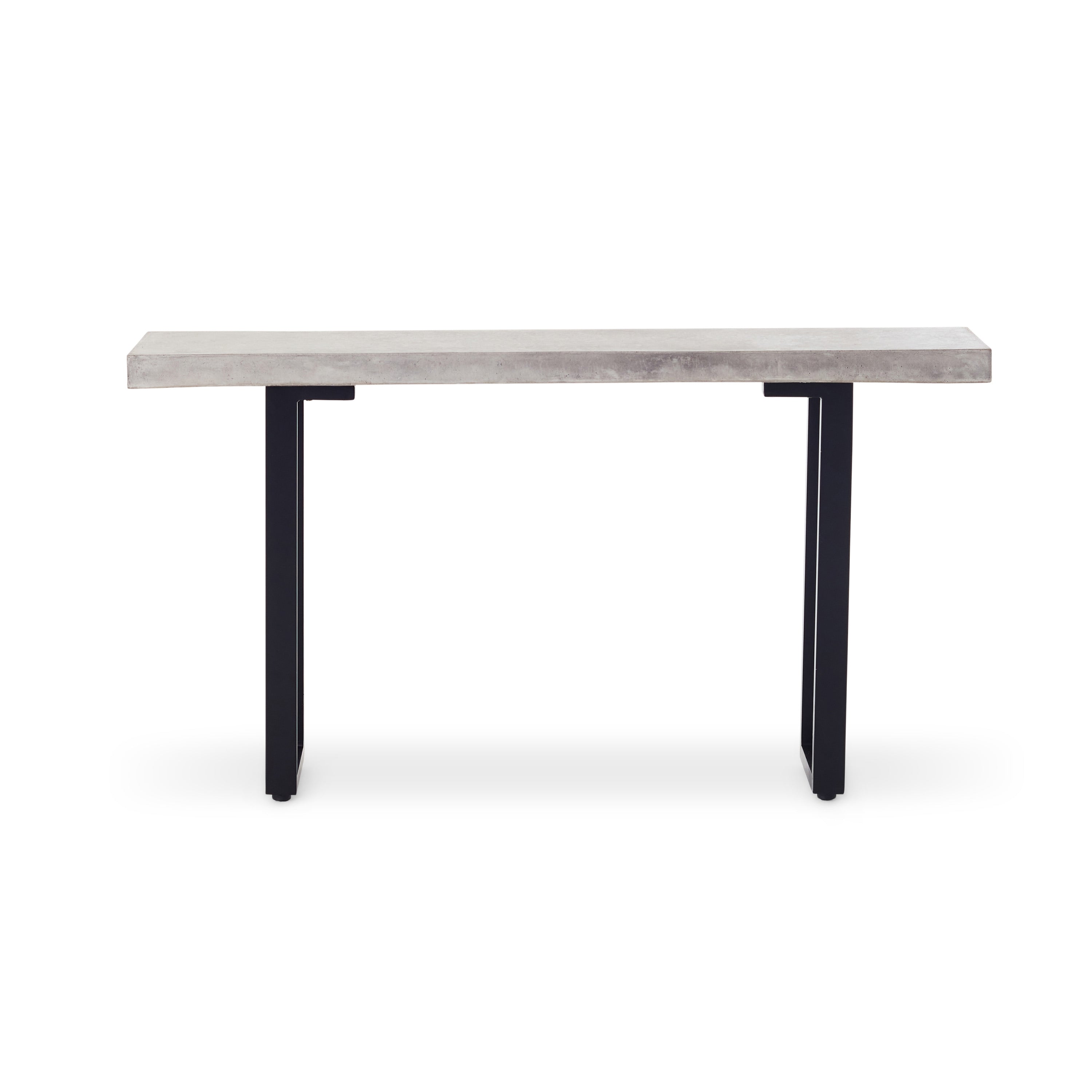 La Jolla Console Table by Terra Outdoor Living features two sled style legs in a powdercoated aluminum, and a Glass Fiber Reinforced Concrete Top (GFRC), resembling poured concrete at a fraction of the weight and with increased tensile strength. It is at a higher height than dining, and lower than bar.