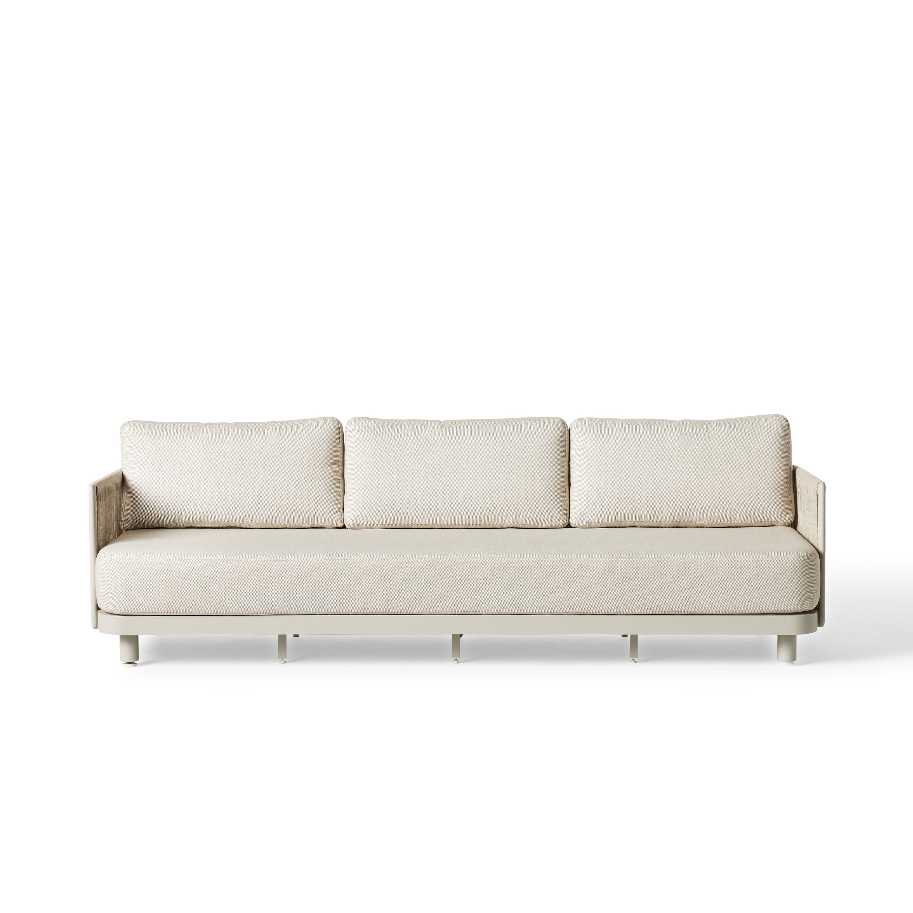 Seaside Sofa by Terra Outdoor Living — crafted with a sturdy aluminum frame and Italian polyolefin rope seat back, featuring strong lines and subtle organic curves; includes one long seat cushion and three back cushions in weather-friendly fabric, offering low-profile, comfortable seating for both relaxation and entertaining.