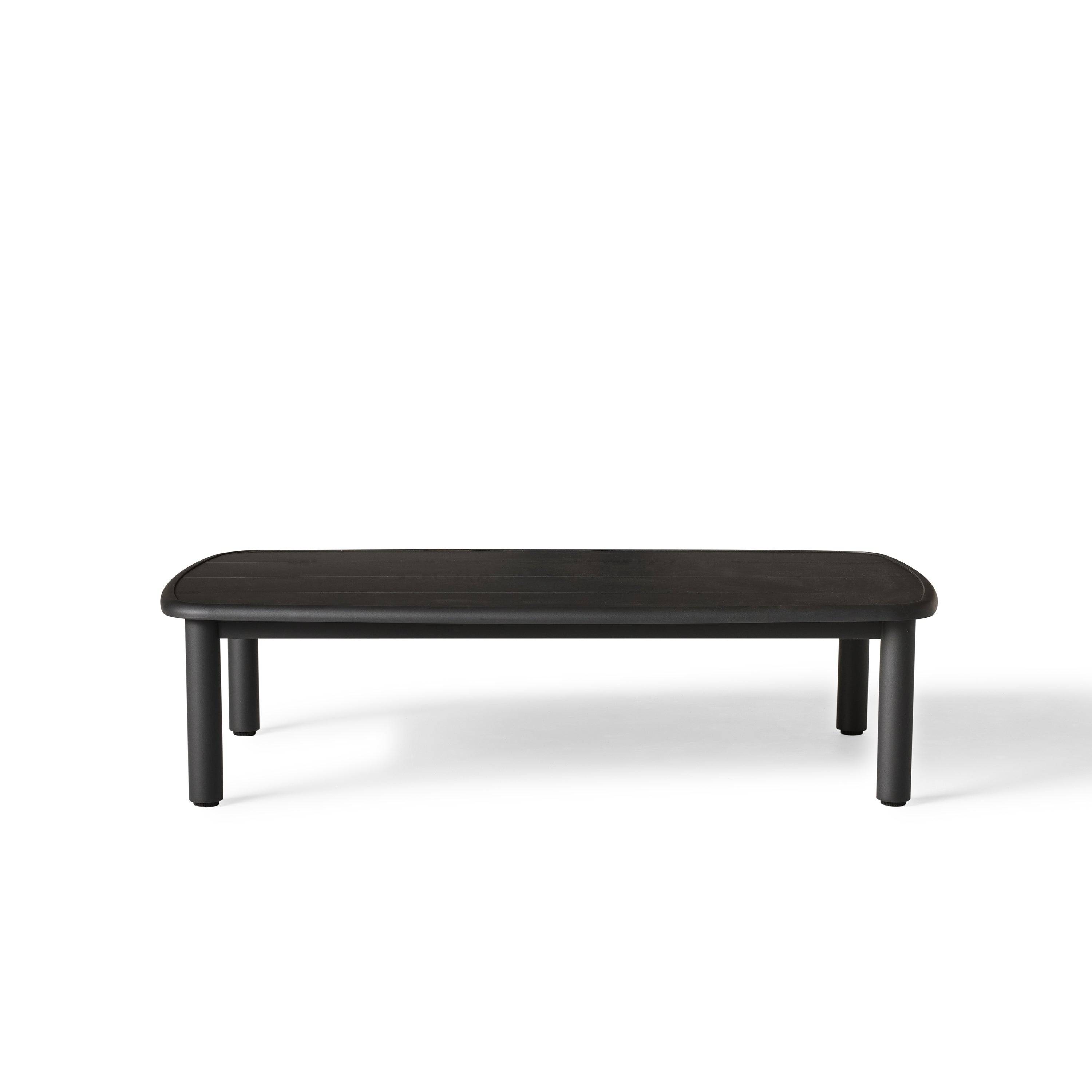 Stinson Coffee Table in Aluminum by Terra Outdoor Living — features a durable powdercoated aluminum frame in a charcoal finish with a slatted top that allows water to drain; expansive surface offers plenty of room for drinks and snacks, perfect for pairing with Stinson seating components.