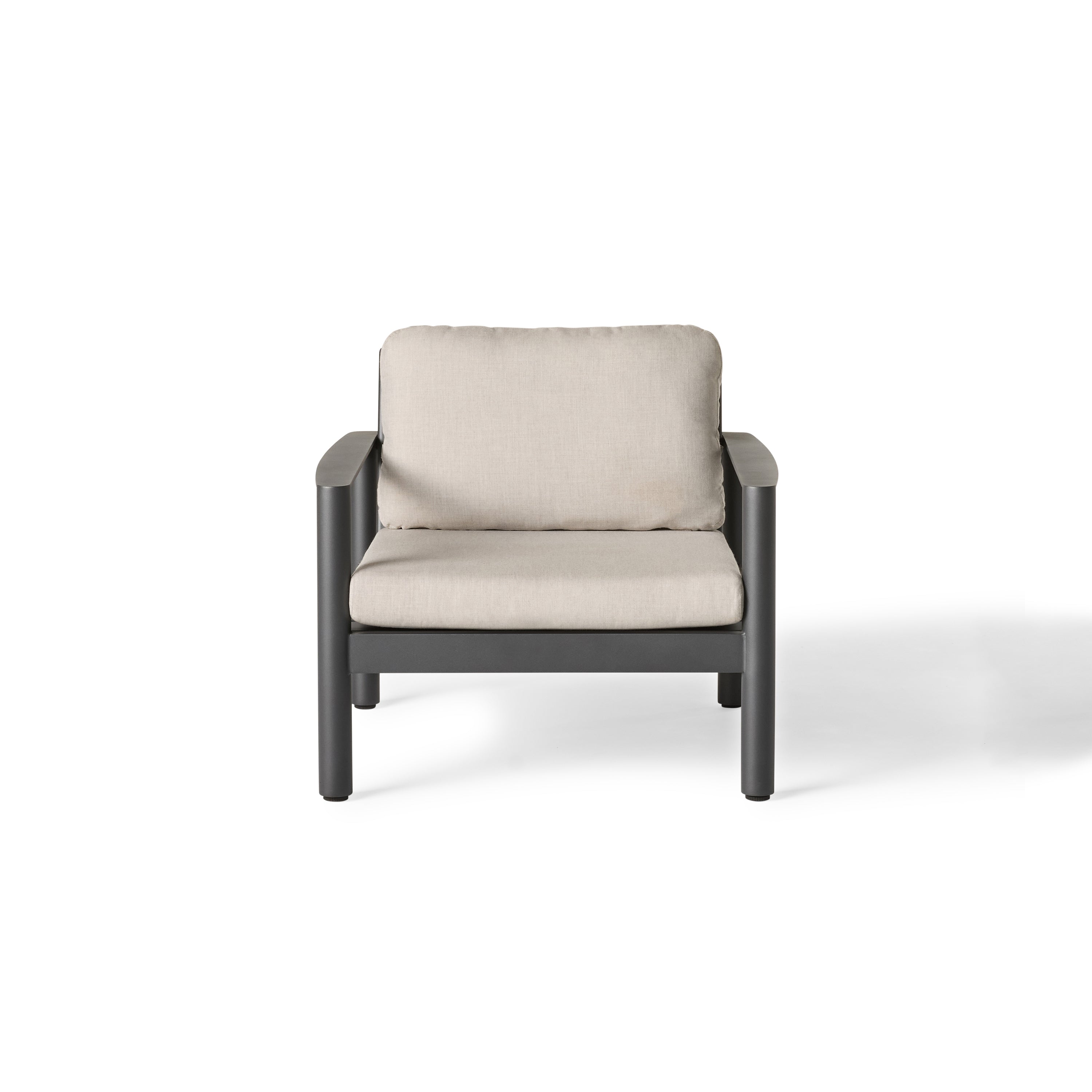 Stinson Lounge Chair in Charcoal Aluminum by Terra Outdoor Living — features a powdercoated aluminum frame with Italian rope seat back, curved lines, and vertical slats for a wraparound silhouette; includes one seat cushion and one back cushion in weather-friendly fabric for outdoor comfort and durability.