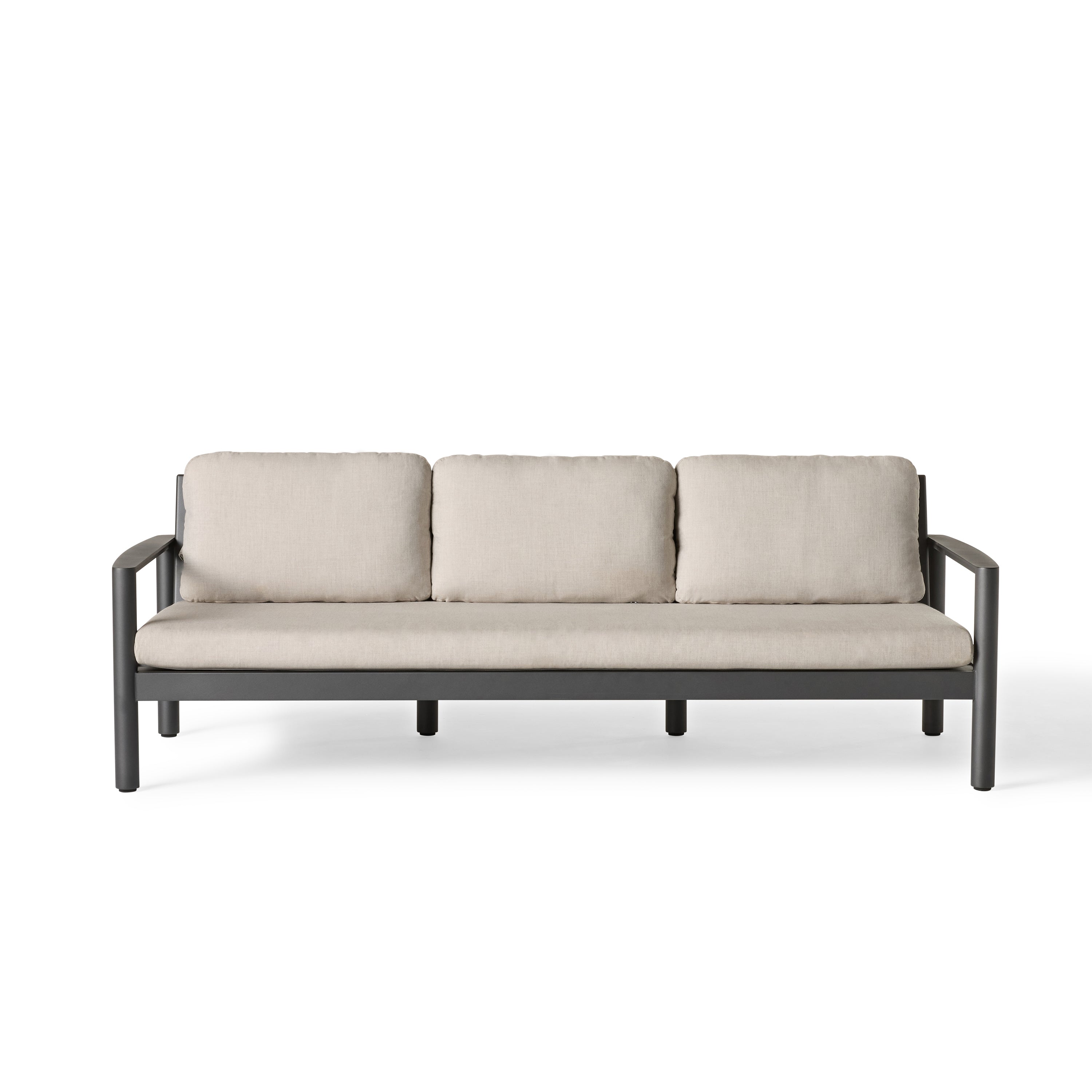 Stinson Sofa in Aluminum by Terra Outdoor Living — features a powdercoated aluminum frame with Italian rope seat back, curved lines, and vertical slats for a wraparound silhouette; includes one long seat cushion and three back cushions in weather-friendly fabric for outdoor comfort and durability.