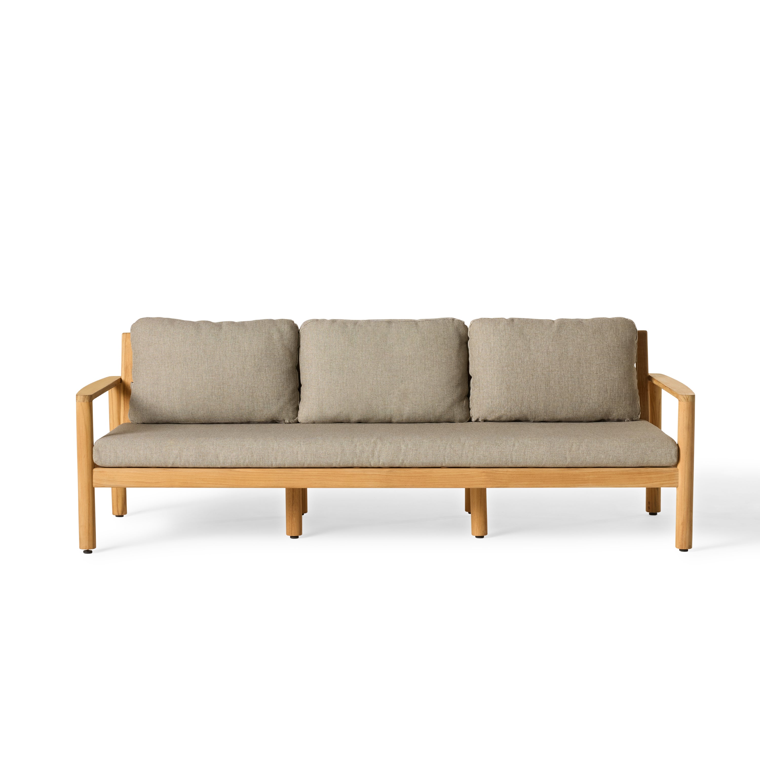 The Stinson Sofa by Terra Outdoor Living with teak frame and Italian rope seat back, shown with weather-friendly cushions—features gently curved lines and vertical slats for a wraparound silhouette inspired by a curved beach; includes one long seat cushion and three plush back cushions.