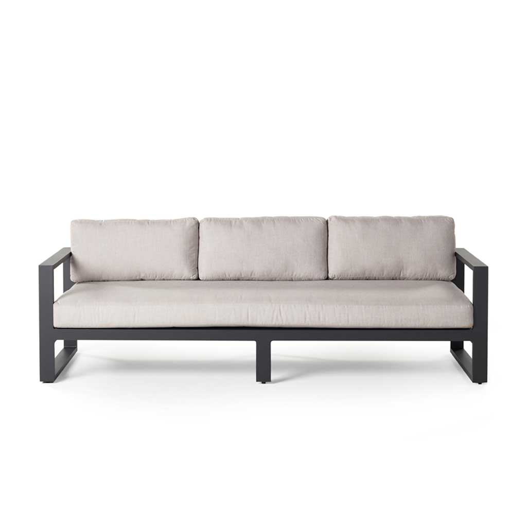Belvedere Sofa in Charcoal Aluminum by Terra Outdoor Living low-profile outdoor sofa with a powdercoated aluminum frame and Sunbrella® cushions, featuring one long seat cushion and three back cushions for streamlined comfort.