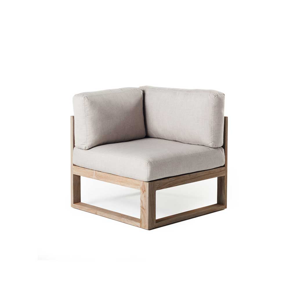 Belvedere Sectional Sectional Corner by Terra Outdoor Living, featuring a low-profile, weathered teak frame with a durable finish and thick cushions, designed with architectural lines and airy proportions for stylish outdoor comfort. Intended to be used as a corner in a sectional configuration. with 1 seat cushion and 2 back cushions.