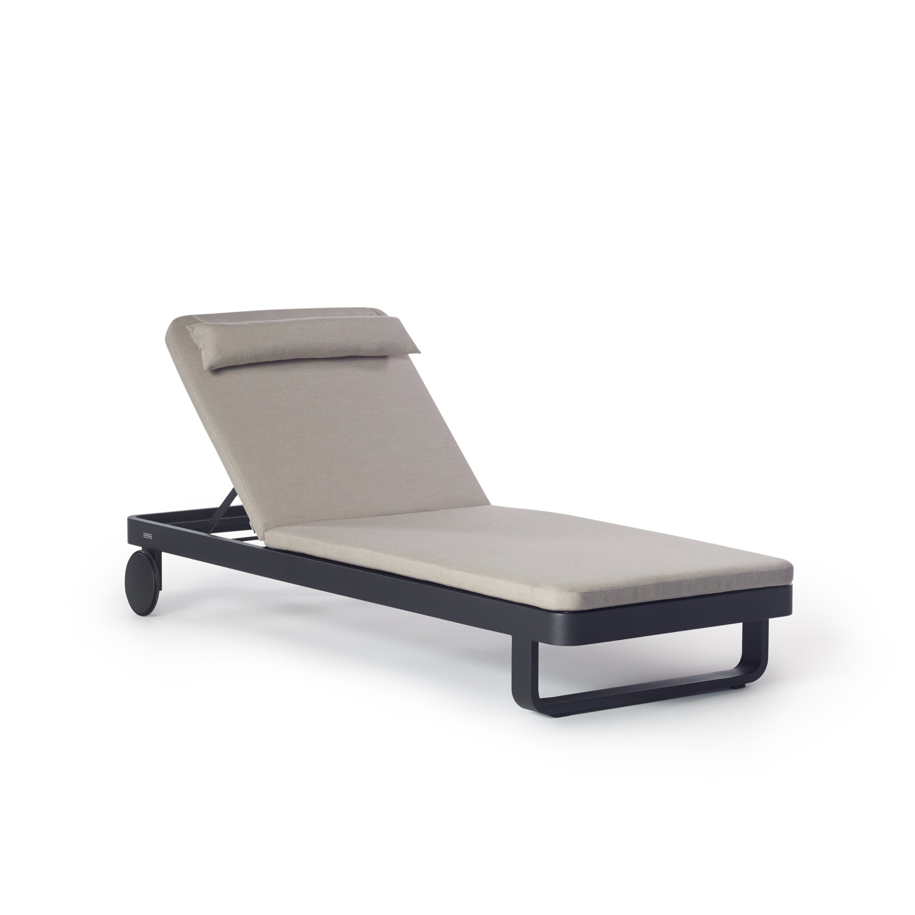 Cambria Single Chaise by Terra Outdoor Living features matte-finished aluminum frames wrapped in Italian all-weather rope, a fast-drying cushion with built-in headrest pillow, and adjustable positions for reading, relaxing, or napping 