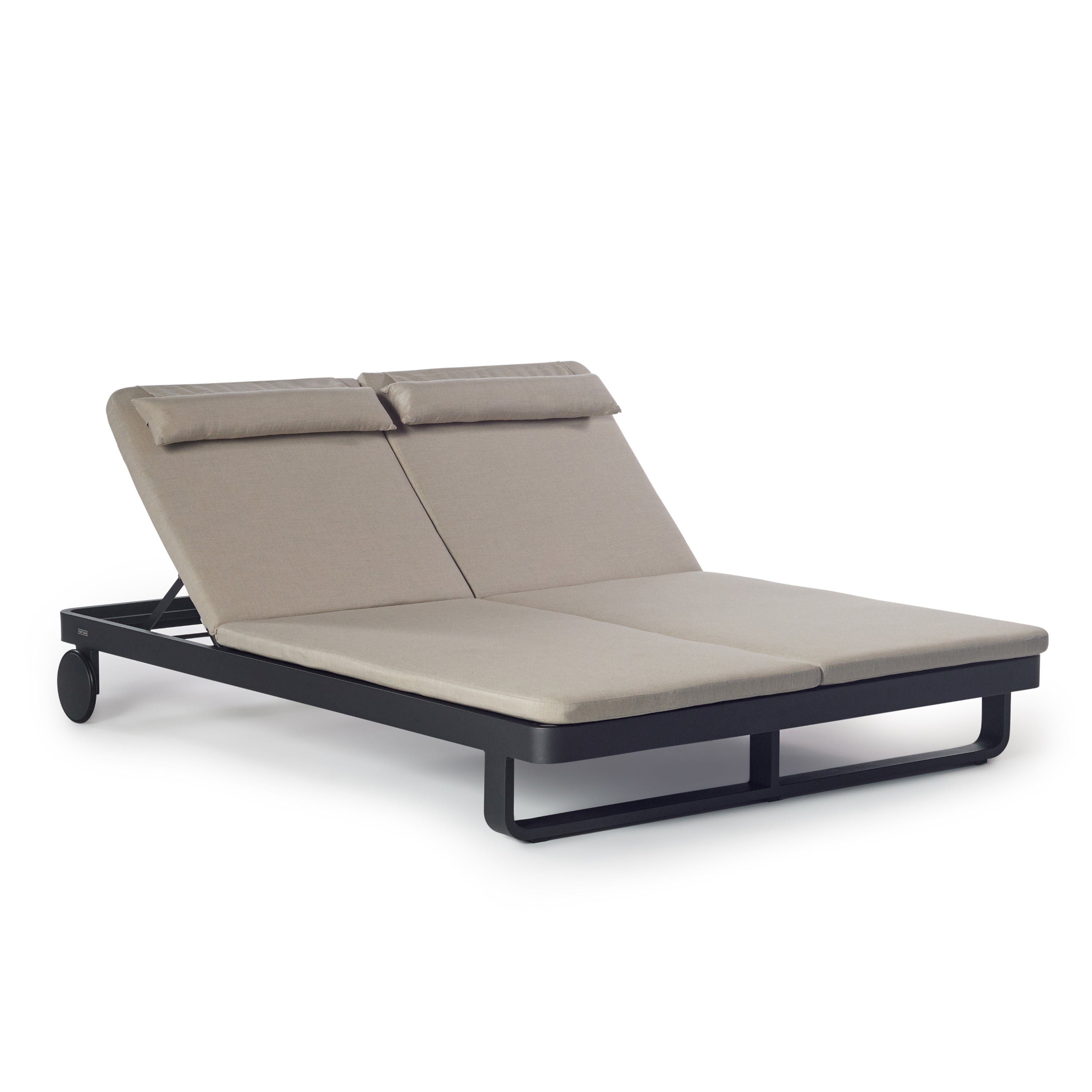 Cambria Double Chaise by Terra Outdoor Living features matte-finished aluminum frames wrapped in Italian all-weather rope, a fast-drying cushion with built-in headrest pillows, and adjustable positions for reading, relaxing, or napping for two.