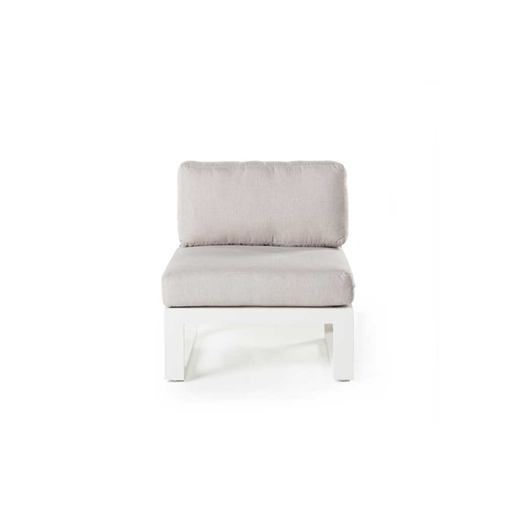 Belvedere Sectional Armless Chair in White Aluminum by Terra Outdoor Living is a deep-seating armless chair with Sunbrella® cushions and a low-profile aluminum frame designed for modular outdoor configurations.