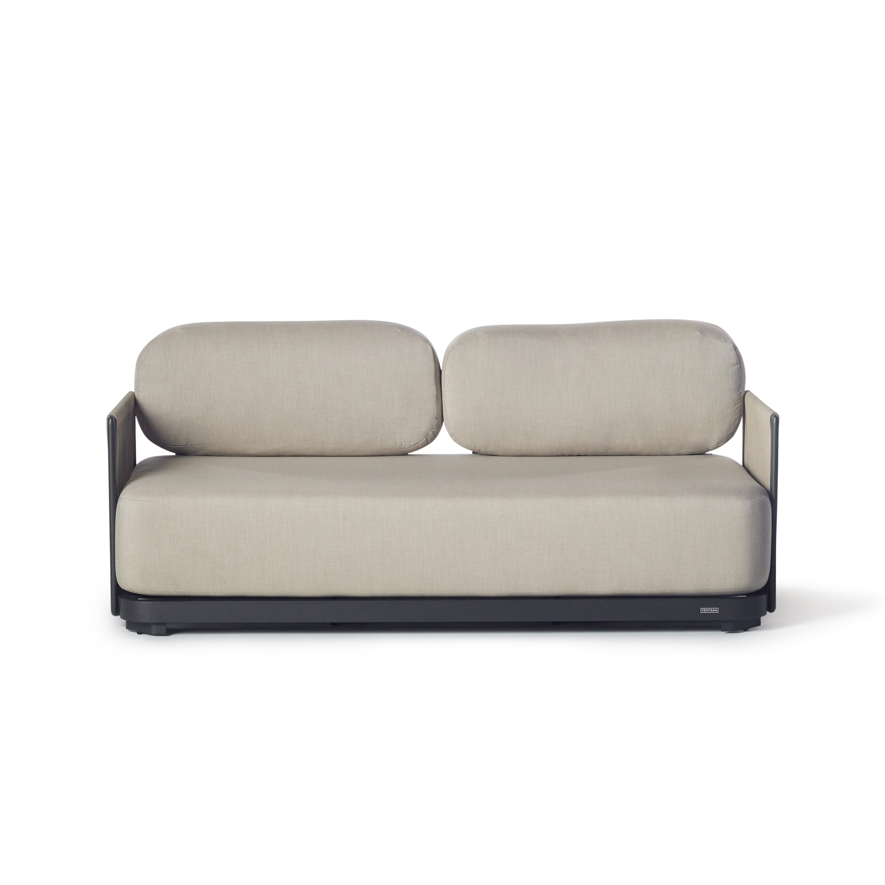 Cambria Loveseat by Terra Outdoor Living features a matte-finished aluminum frame wrapped in Italian all-weather rope with removable side panels, ultra-thick fast-drying Terra Luxe cushions, and a low-profile design for relaxed outdoor lounging.