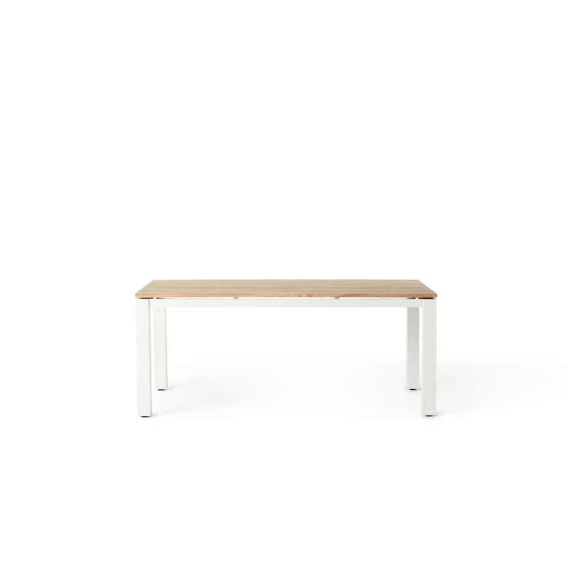 Merced Dining Table in White Aluminum With Teak Top