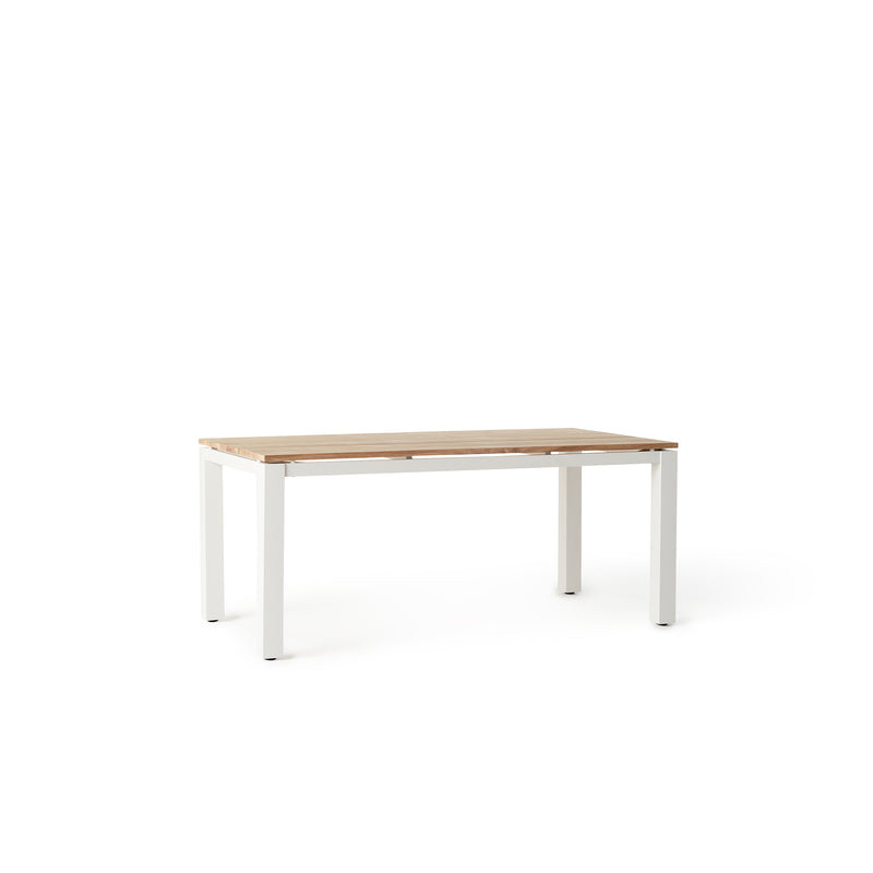 Merced Dining Table in White Aluminum With Teak Top