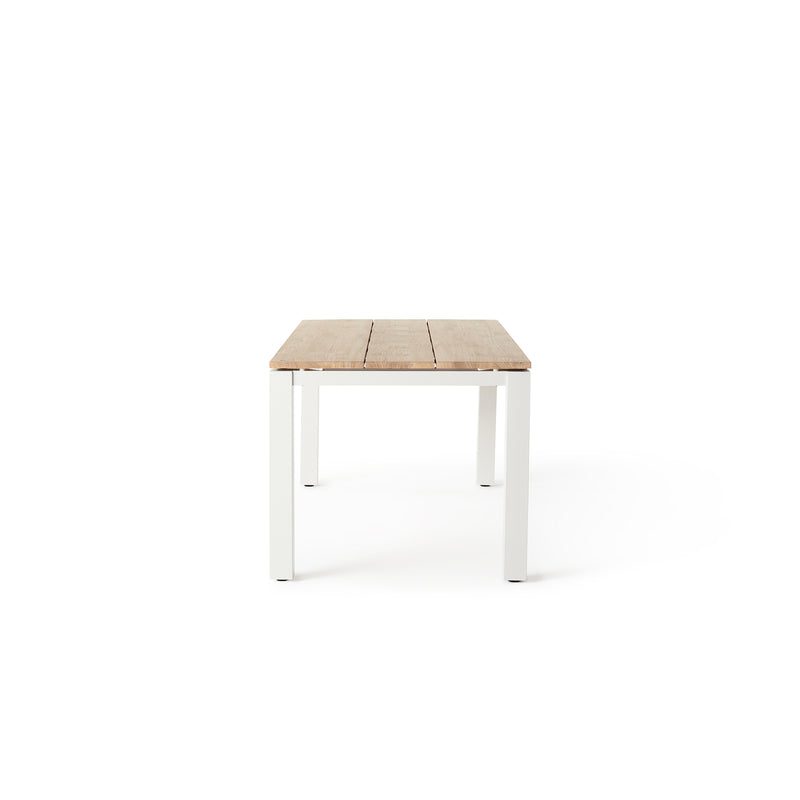 Merced Dining Table in White Aluminum With Teak Top