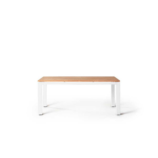 Merced Dining Table in White Aluminum With Teak Top